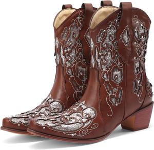 Женские ботильоны YIYA с вышивкой, блестками и стразами, ковбойские, с заостренным носком, массивным каблуком, винтажные, блестящие, короткие свадебные сапожки вестерн, на подъем, Brown