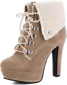 Женские теплые зимние ботинки Bellirala с милым отворотом из меха, на щиколотку, с массивным каблуком, шнуровкой и платформой, Apricot 2