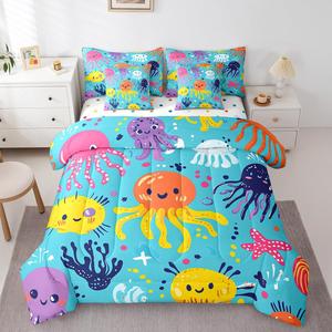 Erosebridal Комплект постельного белья Kawaii Octopus с милым морским принтом из мягкого материала, Blue,orange,yellow