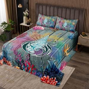 Erosebridal Детское стеганое покрывало Conch Quilted с морскими животными и коралловым акварельным принтом, мягкое, Blue Purple