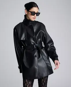 Женское пальто-тренч с двойным рядом пуговиц и поясом из искусственной кожи Kenneth Cole, черный