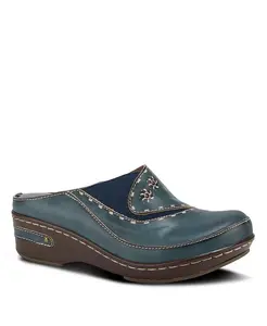 L Artiste Women s CHINO кожаный сабо с открытой пяткой, ручной росписью, тиснением и эластичной вставкой L'Artiste, синий