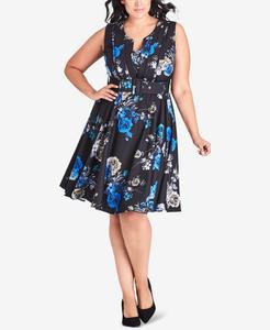 Модное платье А-силуэта большого размера без рукавов с цветочным принтом CITY CHIC, Electric Blue