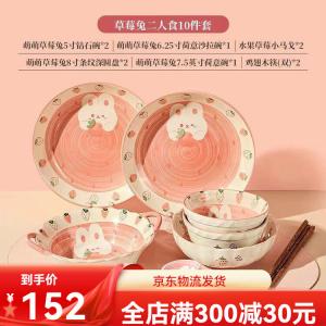 Ceramics Набор посуды Midailei Peisen Internet Celebrity Strawberry Rabbit: керамическая тарелка, миска, палочки для еды, 10 предметов, подглазурное покрытие, детская посуда для дома