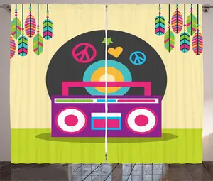 Шторы ABAKUHAUS Rock'n'Roll Rustic Curtain, Bohemian Stereo Radio, универсальные ленточные шторы для гостиной с петлями и крючками, 280 x 245 см, желто-зеленый многоцветный Abakuhaus