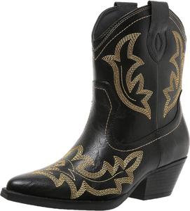 Женские ковбойские сапоги HINDOLA, средняя длина голенища, вышитые, короткие вестерн-сапожки с низким массивным каблуком, заостренным носком и ботильонами, Black Ankle Cowboy Boots