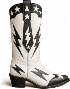 MissHeel Женские ковбойские сапоги до середины икры с черно-белым галстуком и рисунком звезды и молнии