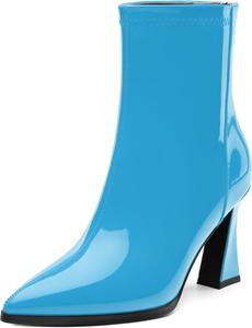 Женские ботинки с острым носком на высоком каблуке, укороченные ботильоны с боковой молнией, модные короткие ботинки из искусственной лакированной кожи для женщин RLYGHWAO, Sky Blue Patent