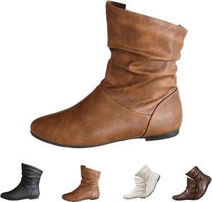 Женские свободные кожаные ботильоны на низком каблуке, модные короткие ботинки с круглым носком, удобные для ходьбы Generic, Brown