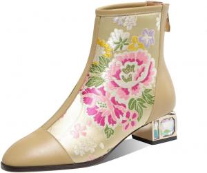 Женские ботильоны TinaCus из натуральной кожи с вышивкой, с круглым носком, ручной работы, на низких массивных каблуках, уникальная модель с молнией, Apricot