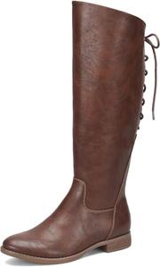 Женские сапоги YDN до колена с шнуровкой, плоские, с круглым носком, длинные ботильоны, блокированный низкий каблук, боковая молния, для вечеринок, покупок и повседневной носки, размеры US 4-16, Brown