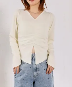 Вязаный пуловер с V-образным вырезом и сборками спереди Archives, цвет Ivory