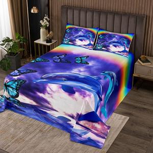 Erosebridal Стеганое покрывало Dolphin для детей с принтом бабочек и радуги, мягкий микрофибровый комплект постельного белья в морской тематике, Multi 2