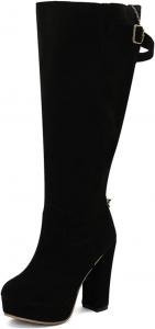 Женские высокие сапоги Aflngle на массивном каблуке с платформой, замшевые, с задней молнией, высокие, удобные, легко надеваются, широкий голенище, круглый носок, длинные сапожки, Black