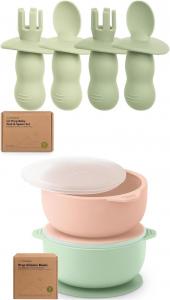 Набор из 4 силиконовых детских ложек и вилок Keababies и 2 детских миски с присосками, крышками