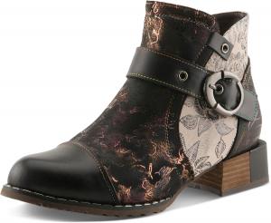 Женские кожаные ботильоны Spring Step L'Artiste с ручной росписью - смелый ремешок с пряжкой и боковой молнией - Стелька с мягким искусственным мехом, каблук-кирпич высотой 5 см, Black Multi