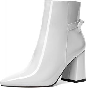 Женские ботильоны AMBELIGHT с острым носком на молнии для свиданий, лаковые, с широким каблуком 3,3 дюйма, White
