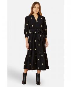 Женское платье-рубашка миди с космической вышивкой и шнуровкой Yumi, Black