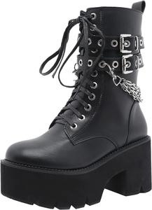 Женские ботинки на платформе с круглым носком, массивные ботильоны, панк-стиль, с шнуровкой и молнией, армейские ботинки Generic, 12 Black