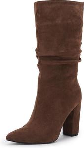 Женские зимние ботильоны Syktkmx на высоком каблуке, средней длины, из замши, с удобной посадкой, массивным каблуком и заостренным носком, Coffee