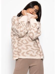 SASSYCLASSY Бежевый свитер с высоким воротником и леопардовым принтом
