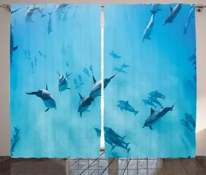 Штора ABAKUHAUS в тропическом деревенском стиле, Дельфины, Гавайи, океан, универсальная ленточная штора для гостиной с петлями и крючками, 280 x 245 см, синяя Abakuhaus