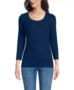 Женская футболка Henley с разноцветной мелкой резинкой и рукавом 3/4 Lands' End, синий