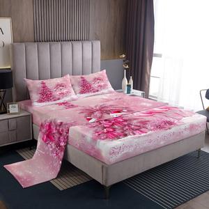 Erosebridal Комплект постельного белья с новогодней тематикой: милые фламинго, сосны и снежинки, розовый глиттер, Pink and White