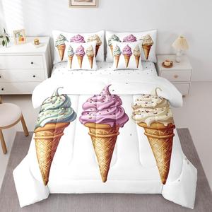 Erosebridal Комплект постельного белья Dessert Theme с принтом мороженого, включает комфортер, простыни и наволочки, всесезонный декор для спальни, Green Pink Beige