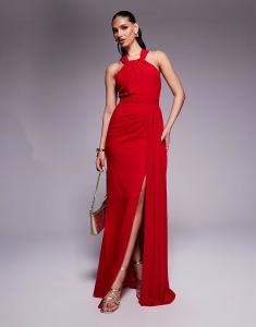 Платье макси Goddiva с вырезом халтернеком и разрезом на бедрах из шифона красного цвета