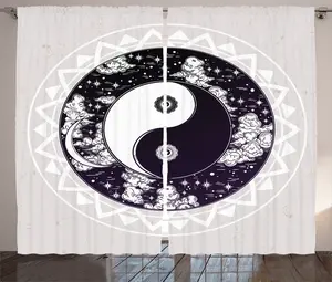 Шторы ABAKUHAUS Zen Rustic, Yin Yang Boho Art, универсальные ленточные шторы для гостиной с петлями и крючками, 280 x 175 см, цвет: черный, белый, бежевый Abakuhaus
