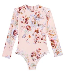 Цветочный рюшированный рашгард для плавания Zimmermann Kids, Guava Floral Multi