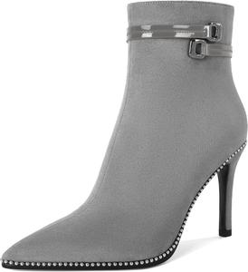 Женские ботильоны Soireelady с заостренным носком, тонким высоким каблуком, расшитые бисером, с коротким голенищем, боковой молнией и металлической пряжкой, каблук 4 дюйма, Grey