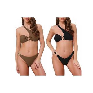 2 комплекта женского асимметричного бикини с металлическим кольцом на одном плече, 2 треугольника Inspire Chic, Black Brown