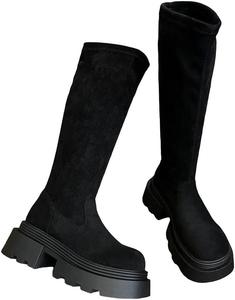 Женские высокие сапоги на толстой платформе и каблуке, выше колена, с легким процессом надевания, длинные ботильоны в стиле панк для улицы на зимний сезон Generic, Black