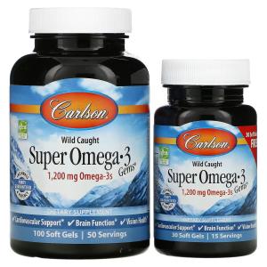 Carlson, Wild Caught Super Omega-3 Gems, высокоэффективная омега-3 из морской рыбы, 600 мг, 100 плюс 30 капсул