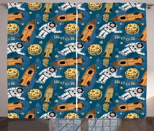 Штора ABAKUHAUS Астронавт в деревенском стиле, мотив Космические ракеты, универсальная тесьма для гостиной с петлями и крючками, 280 x 225 см, цвет: темно-голубой, абрикосовый Abakuhaus