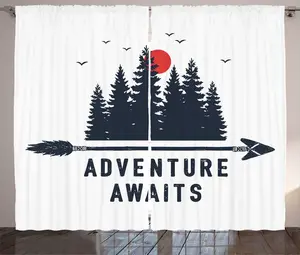 Шторы ABAKUHAUS Приключение ждет вас в деревенском стиле, каллиграфия Деревья и солнце, универсальные ленточные шторы для гостиной с петлями и крючками, 280 x 245 см, темно-синий, серый и ярко-красный Abakuhaus