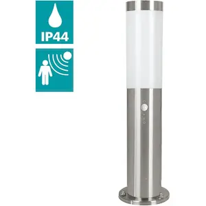 Низковольтный светильник HELSINKI LED уличный светильник, датчик движения, IP44, нержавеющая сталь E27 1 шт. Наружный проходной светильник, угол обнаружения 110°, дальность 5 м, 42,5x7,5x16,5 см Eglo, Edelstahlfarben/weiß