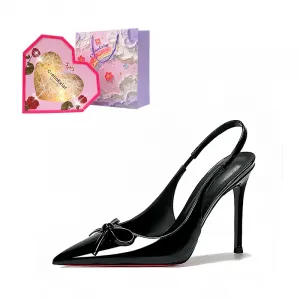 Crelinkxlat Любовные туфли на шпильке с розой, французский носок, бант, тонкий каблук, задняя лямка, женские, черные, валентиновская коробка с розой, цвет Black Valentine Rose Box