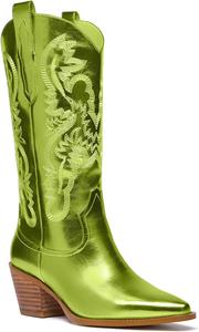 Женские ковбойские ботинки RKQ металлические блестящие до середины голени с блестками, вышитые ботинки, западные ботинки, с острым носком, на толстом каблуке, с язычками для надевания, классические сексуальные праздничные ботинки, Verde Metálico