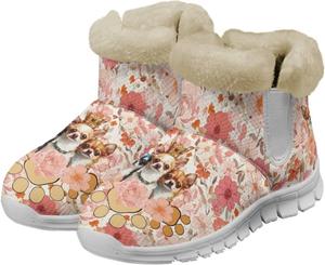 Женские зимние сапоги JoyLamoria с дизайном, утепленные плюшевой подкладкой, с забавным принтом мопса, легкие ботильоны на плоской подошве для холодной погоды, Floral Puppy