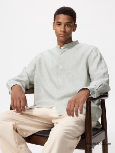 Льняная рубашка со стойкой (в полоску) Uniqlo, 54 green