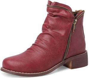 Женские ретро ботильоны VOKLIN на низком каблуке, с круглым носком и двойной молнией, удобные элегантные короткие ботинки, Wine Red-Velvet Lined