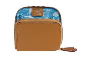 HERMES Шёлковый кожаный кошелёк-монетница женский карамельно-коричневый и синий