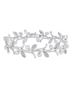 Браслет из белого пресноводного искусственного жемчуга с цветочным узором и листьями винограда, родиевое покрытие, 7 дюймов Bling Jewelry, white
