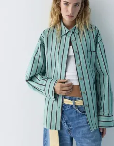 Pull&Bear Рубашка в полоску с карманом бирюзового цвета