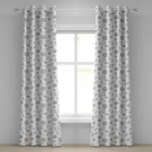 Шторы на люверсах ABAKUHAUS Морские ракушки, нарисованные вручную, однотонные, с морскими элементами, эскизами шлема, якоря и морской звезды, декоративные двухпанельные шторы, 280 см x 245 см, белые и темно-серые. Abakuhaus