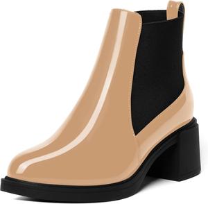 Женские офисные ботильоны AMBELIGHT Chelsea с эластичной посадкой, круглым носком, однотонные, массивный средний каблук 2,5 дюйма, Beige Black