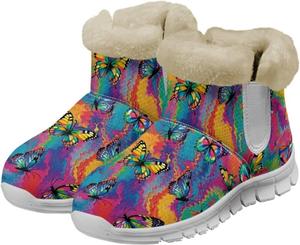 Женские зимние сапоги Howilath Fuzzy Snow с флисом, теплые снежные ботинки с поролоном с эффектом памяти, Abstract Tie-Dye Butterfly
